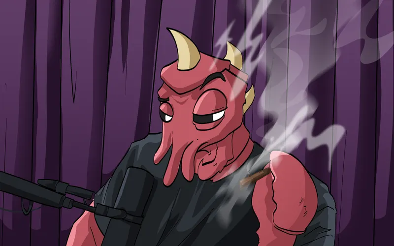 A Crawju in a black t-shirt exhales smoke with a rifle across his lap, purple stage curtains behind him.