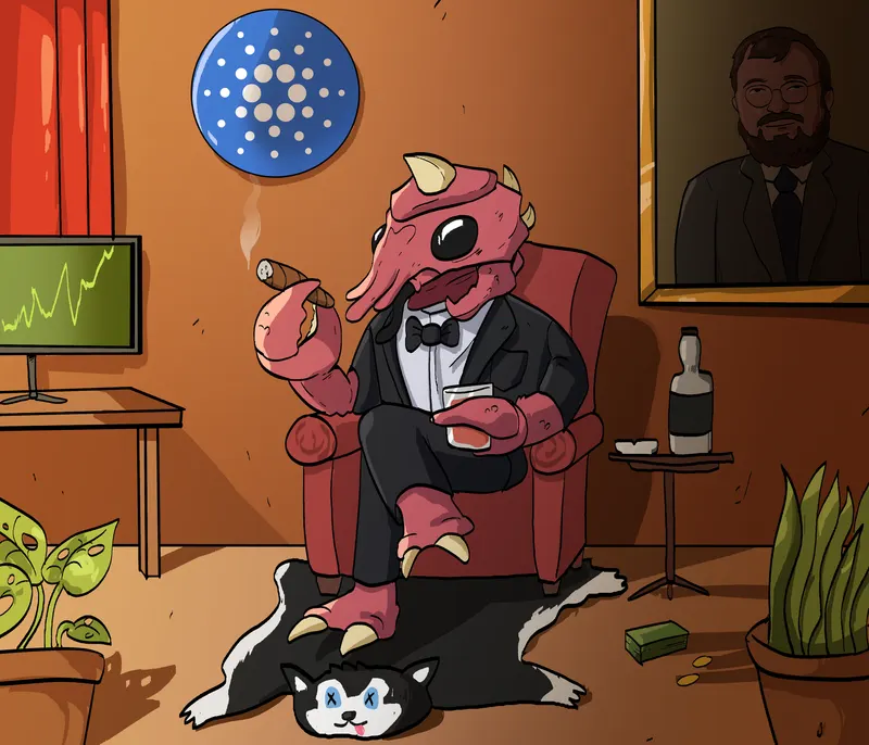 A Crawju in a tuxedo smokes a cigar in a red armchair beneath a Cardano wall plaque, a trading chart glowing on the desk behind him.