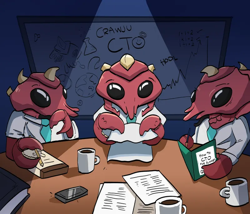 Three Crawju in lab coats and ties sit around a boardroom table strewn with paper and coffee cups, CRAWJU CTO written on the whiteboard behind them.