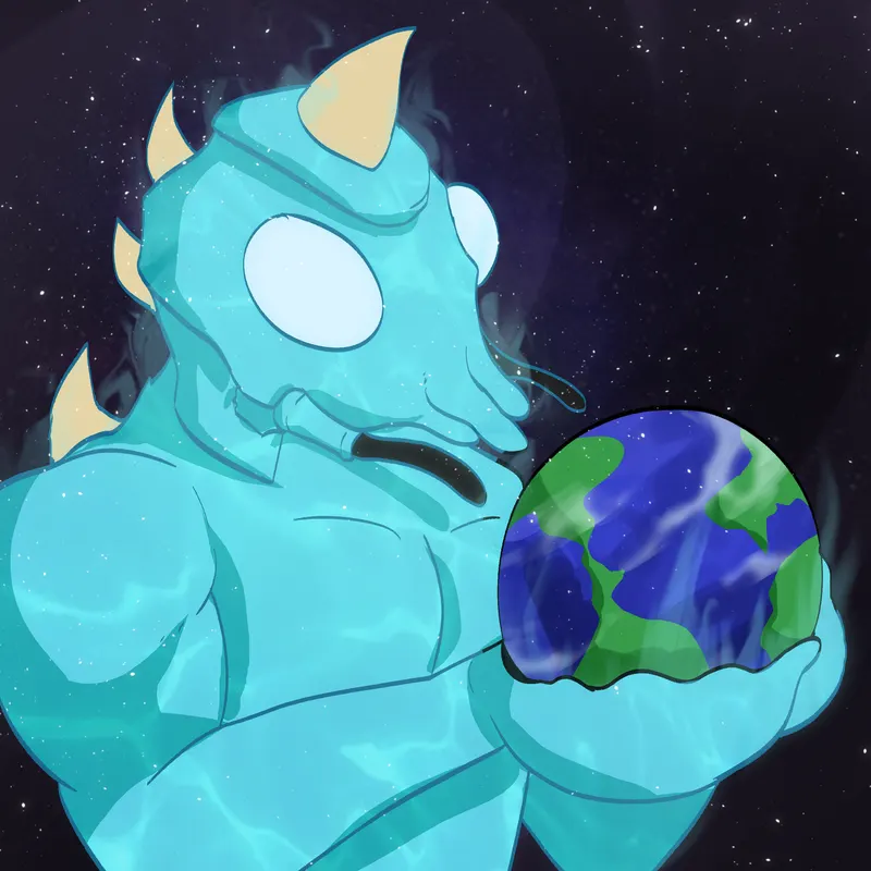 A pale cyan Crawju floats in space cradling the Earth in one claw.