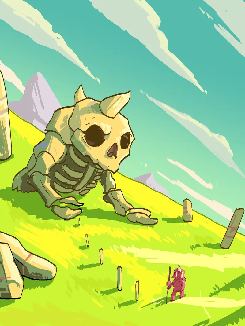 The bleached skeleton of a huge Crawju lies half-buried on a yellow-green hillside, a living red one approaching in the distance.