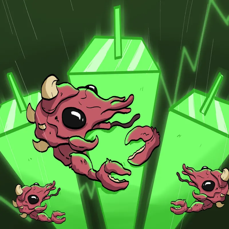 Three small Crawju tumble between towering green candlestick bars on a black field.