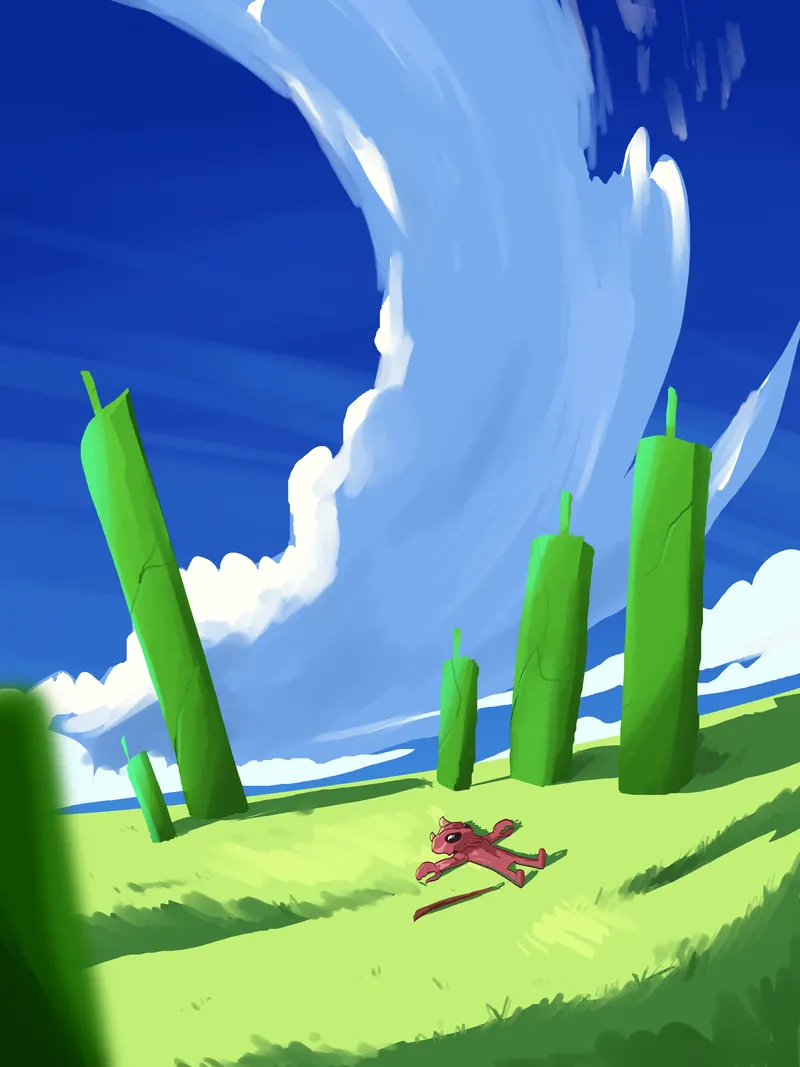 A tiny Crawju runs across a green field lined with towering green candlestick bars under a soft blue sky.