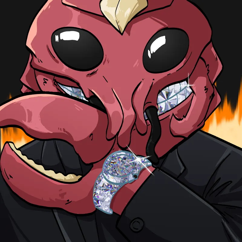 A red cephalopod in a black suit shows a diamond-studded grin and a diamond wristwatch as flames rise behind him.