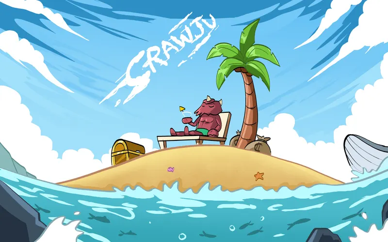 A small Crawju lounges in a deck chair beside a treasure chest and a palm tree on a sandbank, the word CRAWJU written in cloud across a bright blue sky.
