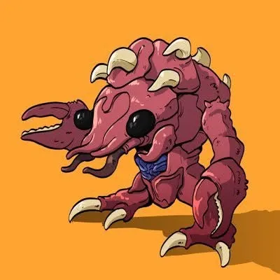 A full-body study of the Crawju — a red horned crustacean with clawed limbs and a tentacled face — on a flat orange ground.