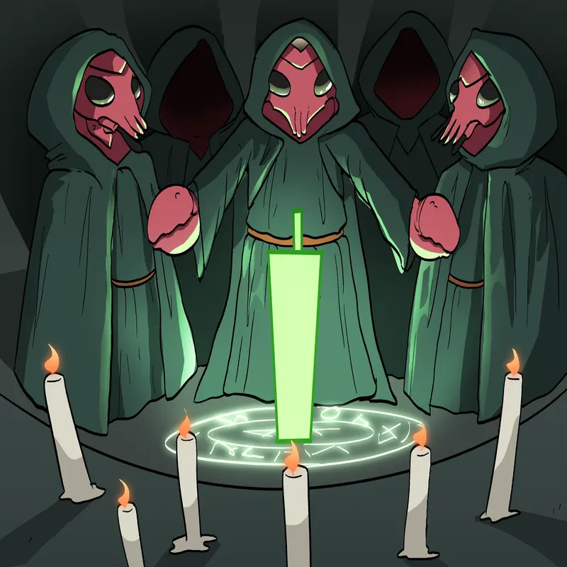 Five hooded Crawju stand in a ring of lit candles around a glowing green pillar.