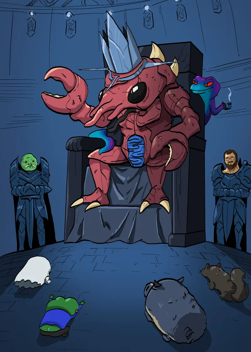 A Crawju sits on a stone throne flanked by armoured guards, a serpent draped over one arm and offerings at his feet.