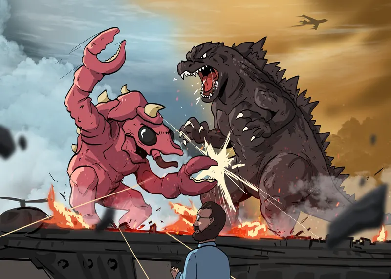 The Crawju kaiju trades blows with a Godzilla-like monster over a burning bridge as jets circle overhead.