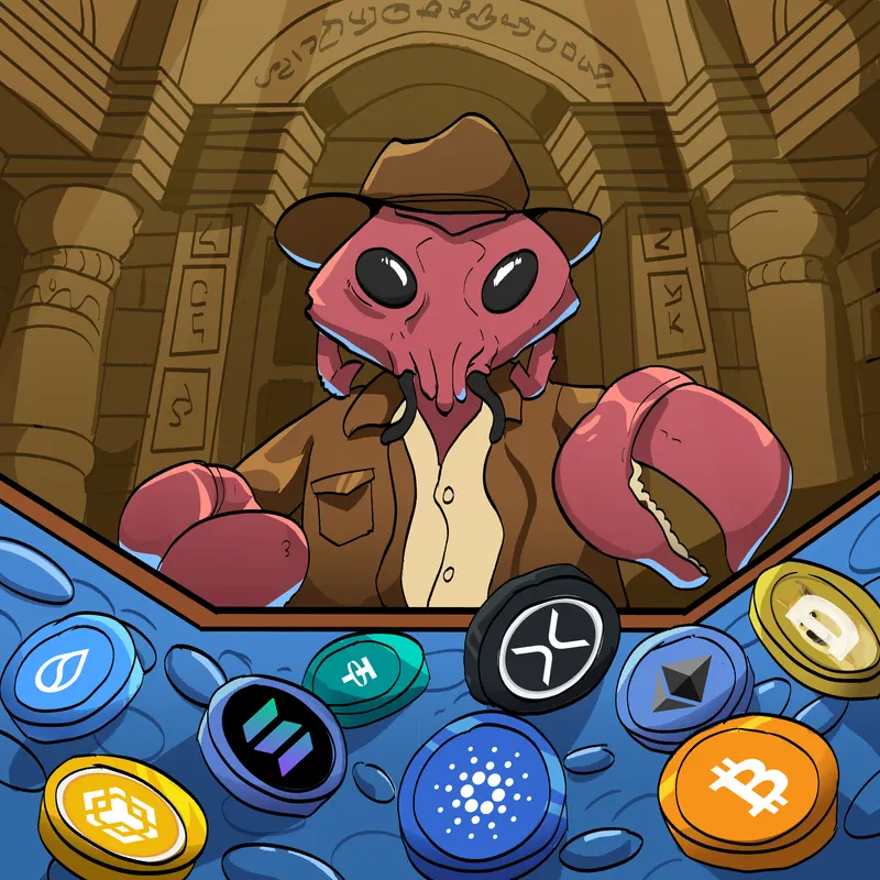 A Crawju in an explorer's hat and leather jacket studies a carved stone wall while cryptocurrency coins glow in the water below.