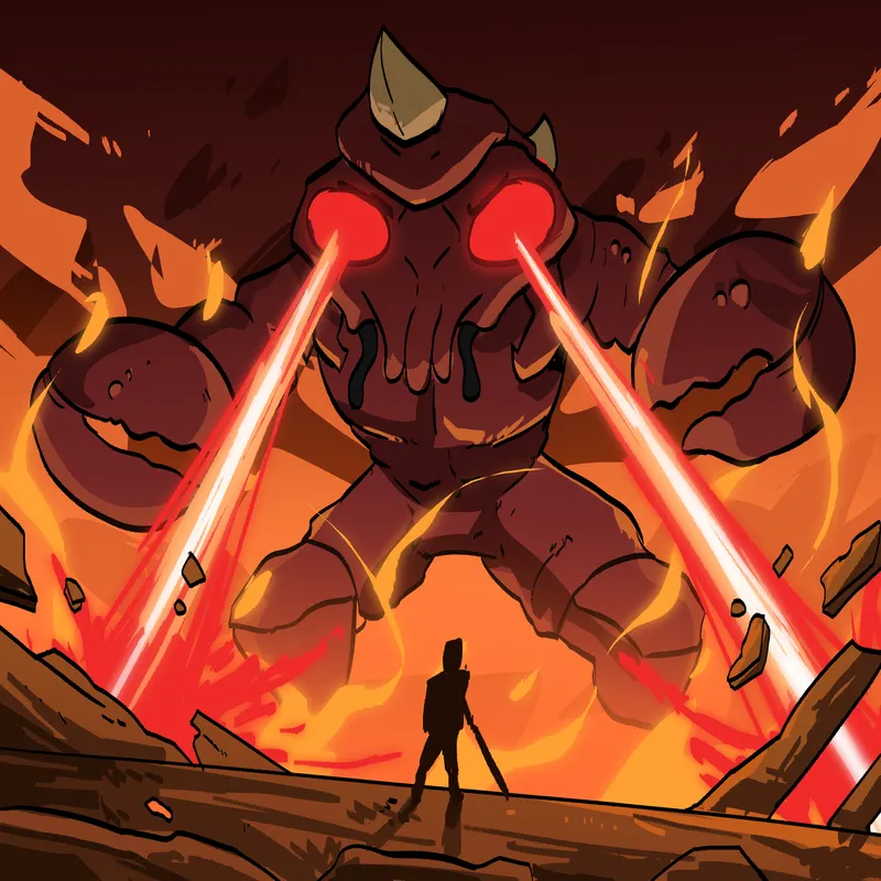 A silhouetted figure faces a colossal Crawju firing twin red beams across a molten landscape.