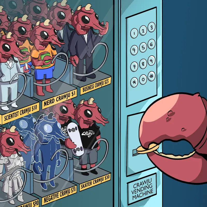 A crowd of costumed Crawju queues at a vending machine dispensing more Crawju variants, each labelled with a price.