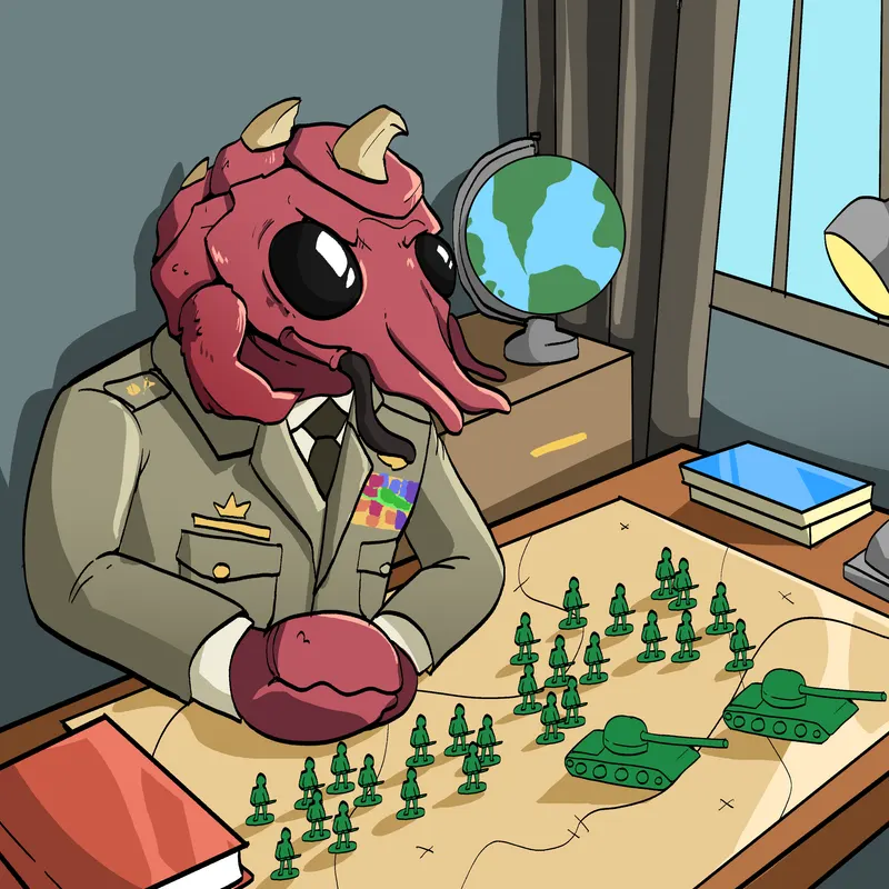 A Crawju in military dress uniform leans over a paper map covered in toy tanks and infantry, a globe on the desk beside him.
