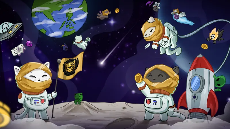 Cats in spacesuits plant flags and ride a rocket across a grey lunar surface with the Earth behind them.