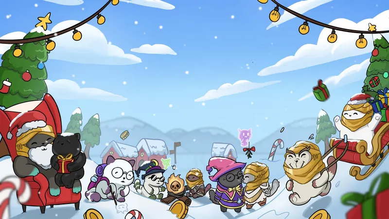 A crowd of cats gathers under strings of festive lights beside a decorated tree in a snowy village.