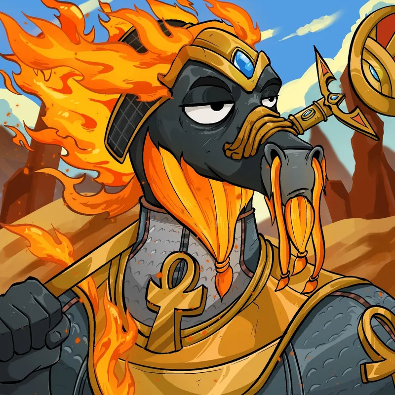 A golden-masked jackal warrior wreathed in fire holds an ankh staff against a burning sky.