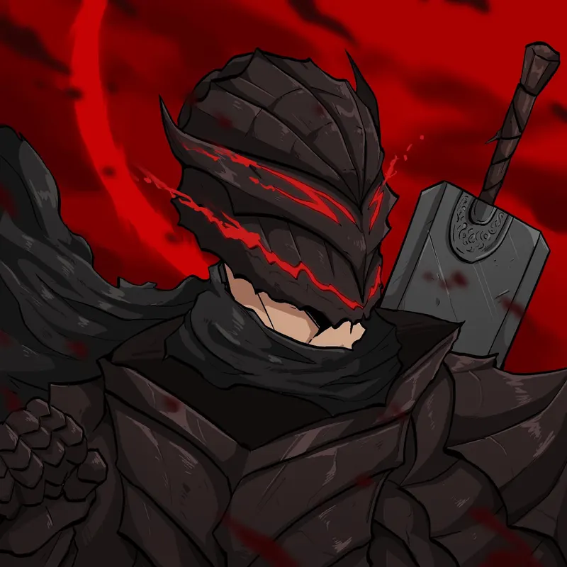 A helmeted warrior in heavy black armour rests a bloodied warhammer on his shoulder, eyes glowing red against a crimson moon.