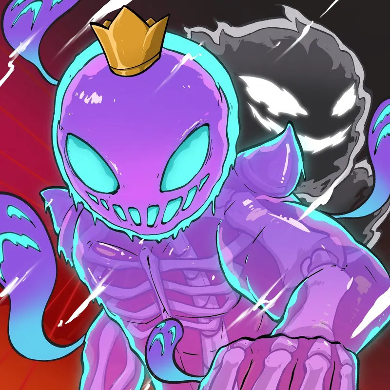 A translucent purple slime creature in a gold crown flexes as a black smiling shadow rises behind it.