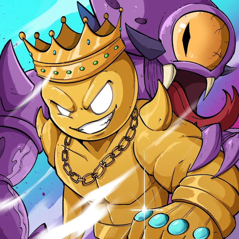 A golden muscular creature in a jewelled crown and a heavy chain grins mid-punch while a purple beast rears up behind it.