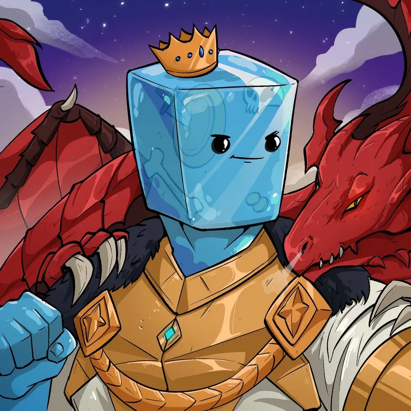 A crowned figure with a translucent ice block for a head stands in gold-trimmed armour, a red dragon coiling behind him.