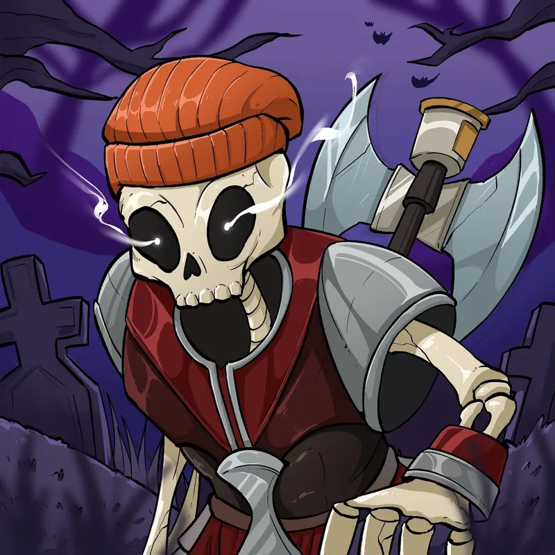A skeleton in an orange beanie and red waistcoat vaults forward with a scythe among headstones under a purple sky.