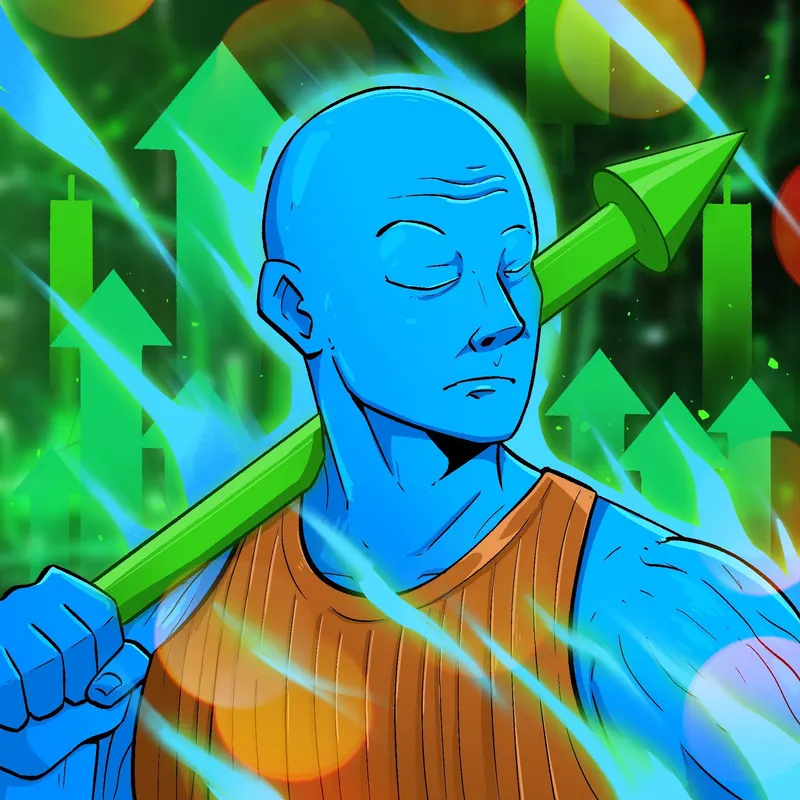 A blue-skinned figure in an orange vest shoulders a giant green arrow, more arrows and bubbles rising around him.