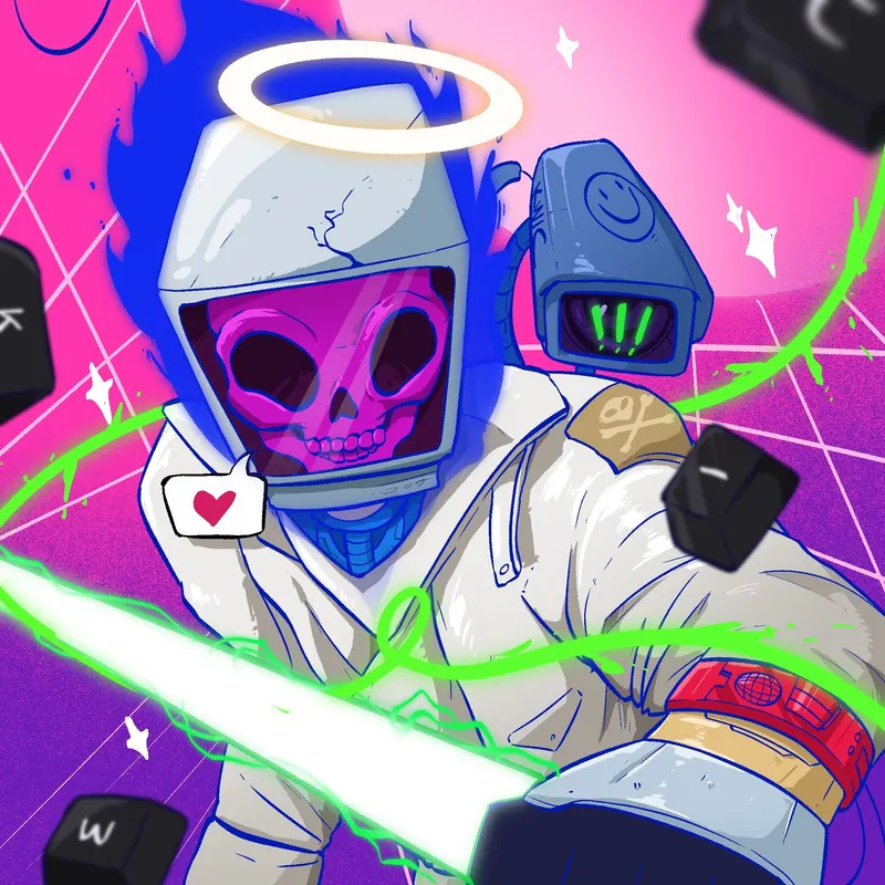 A haloed figure in a white spacesuit and pink visor swings a glowing green blade against a hot pink grid.