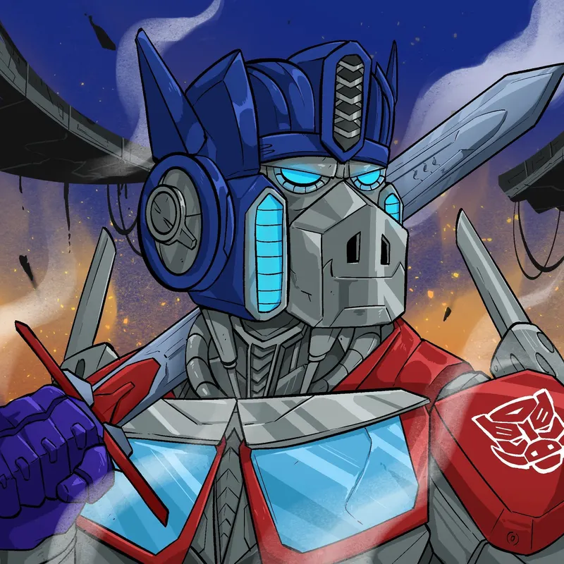 A blue and silver robot in the style of a transforming truck holds a small red aircraft, blades crossed behind its head.