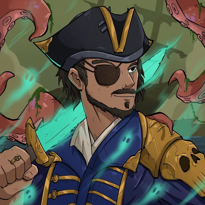 A bearded pirate captain in a plumed tricorn and eyepatch clenches his fist as ghostly green tentacles coil around him.