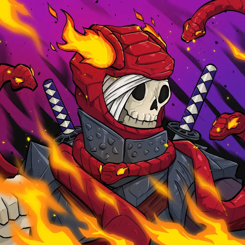 A red-armoured skeletal samurai charges through fire with twin katana crossed at his back, a serpent rising behind him.