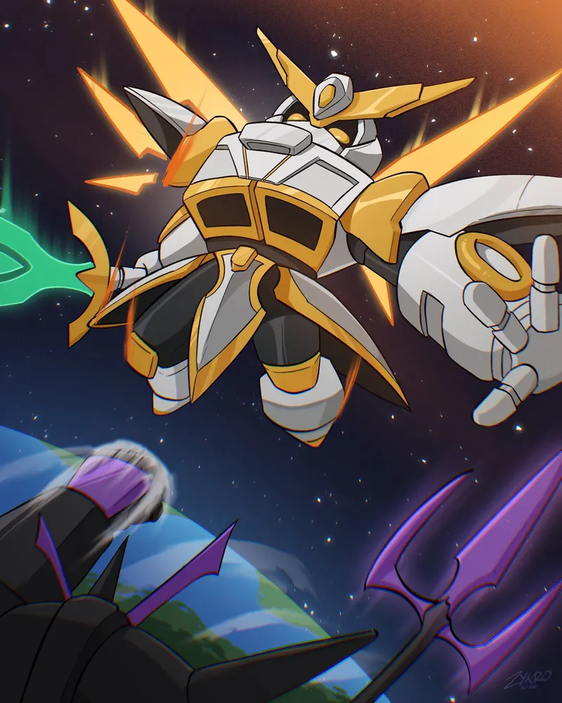 A white and gold mech with radiating blade-wings hangs in space above a purple planet, aurora light behind it.