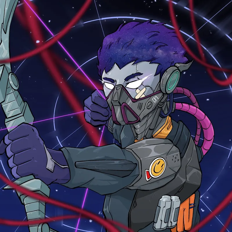 A purple-haired figure in a respirator and armoured jacket draws a weapon, red light trails cutting across the space behind.