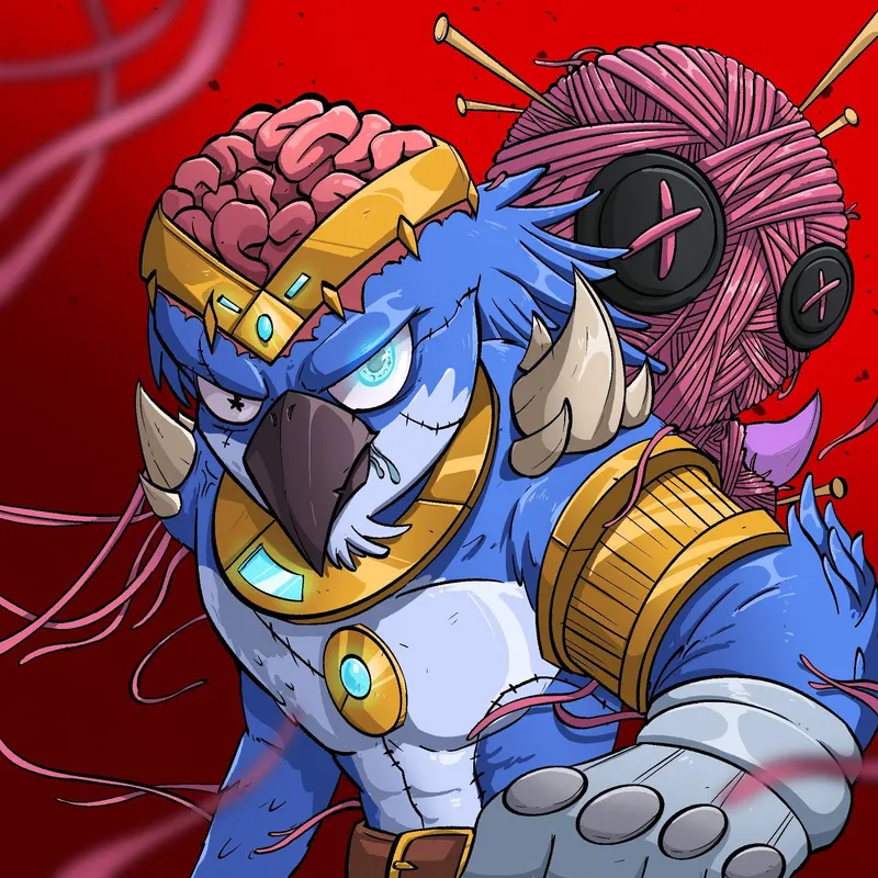 A blue armoured bird warrior with one glowing cyan eye stands before an exposed brain and a giant pink voodoo doll on a deep red field.