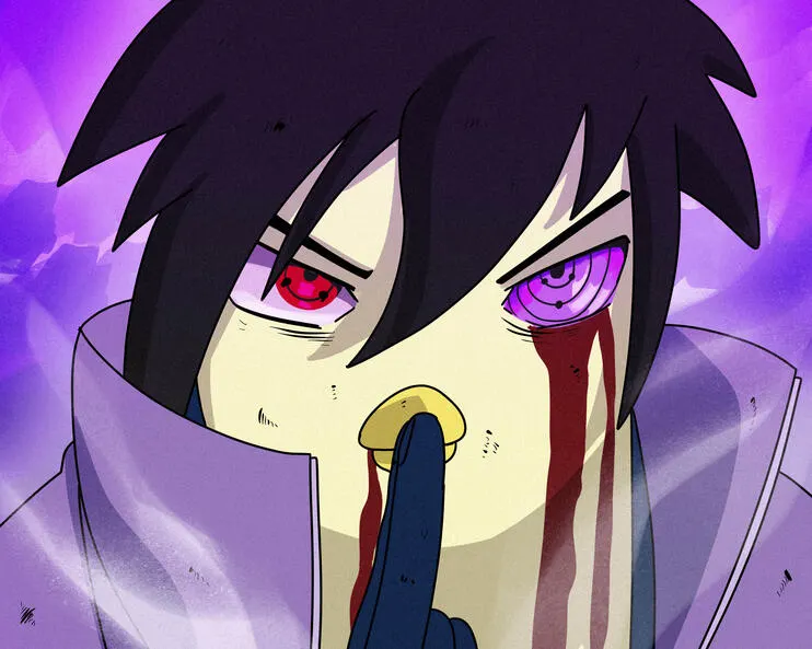 A close portrait of a purple-haired figure with mismatched eyes and a red tear running down one cheek.