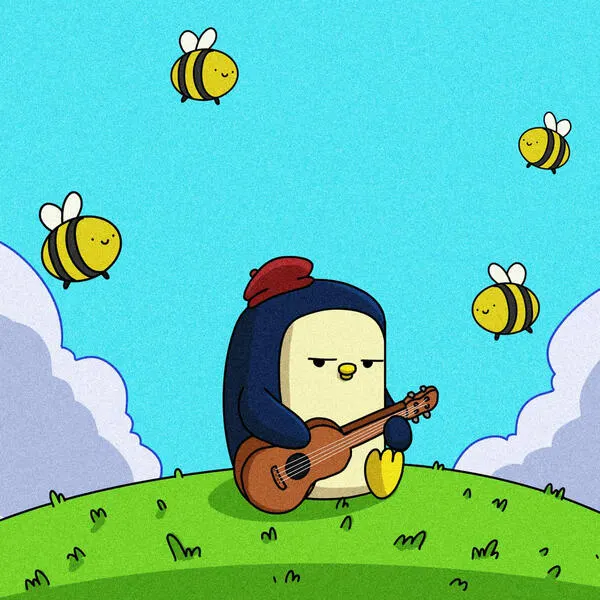 A penguin in a red beret plays an acoustic guitar on a green hill while three bees hover overhead.