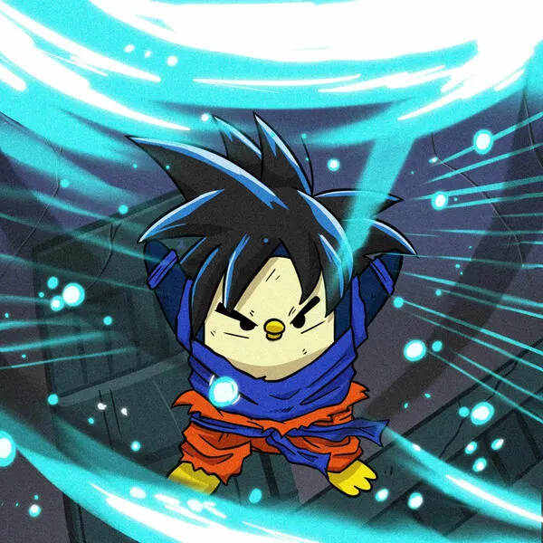 A small spiky-haired boy in an orange gi braces inside a spiralling ring of blue energy.