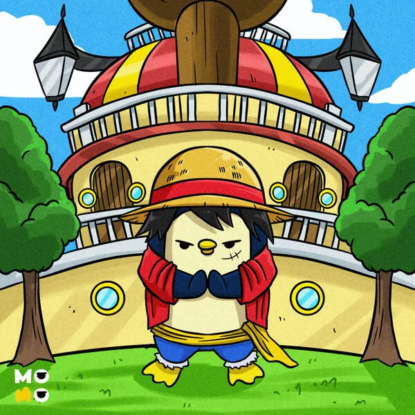 A penguin in a straw hat and red vest stands before a domed ship figurehead on a sunlit lawn.