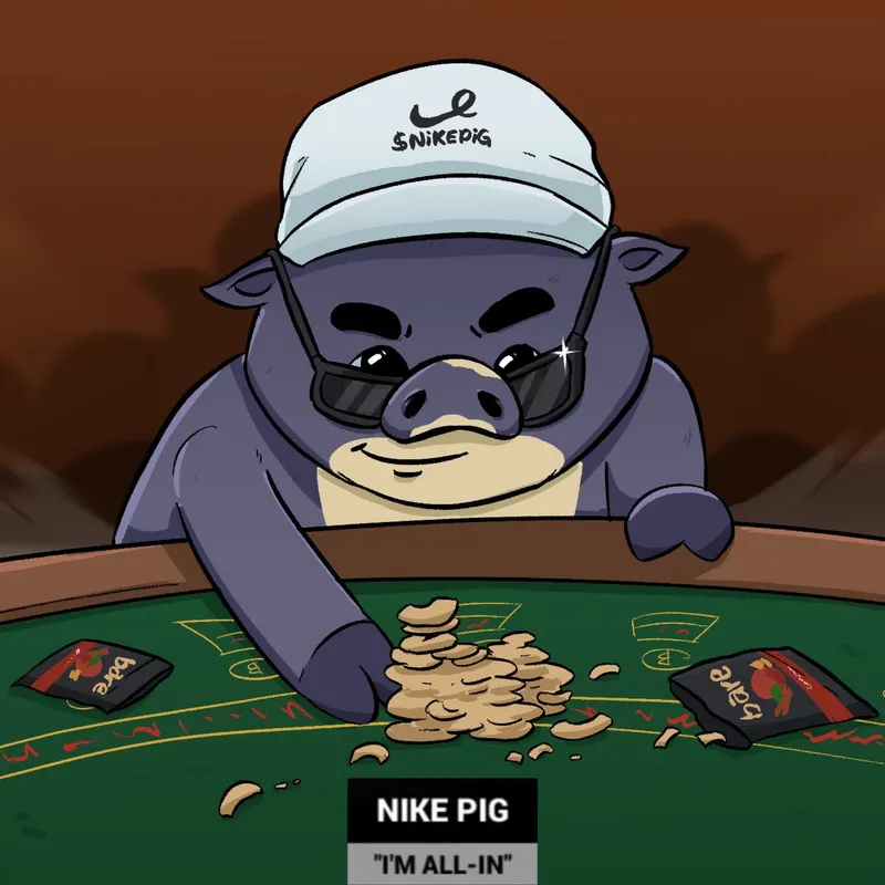 A grey pig in sunglasses and a NIKEPIG cap pushes a stack of chips forward on a green felt poker table.
