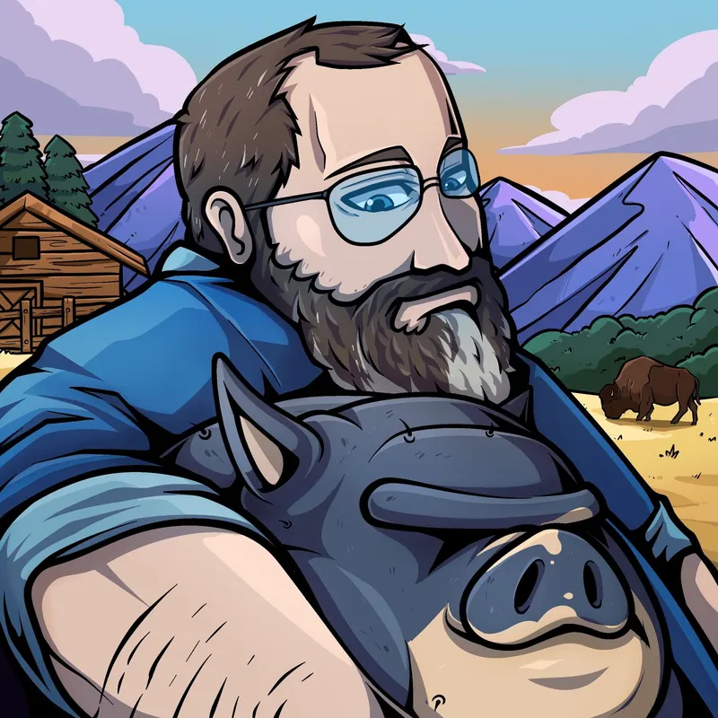 A bearded man in a blue shirt carries a grey pig, a log cabin and a bison-dotted plain behind them.