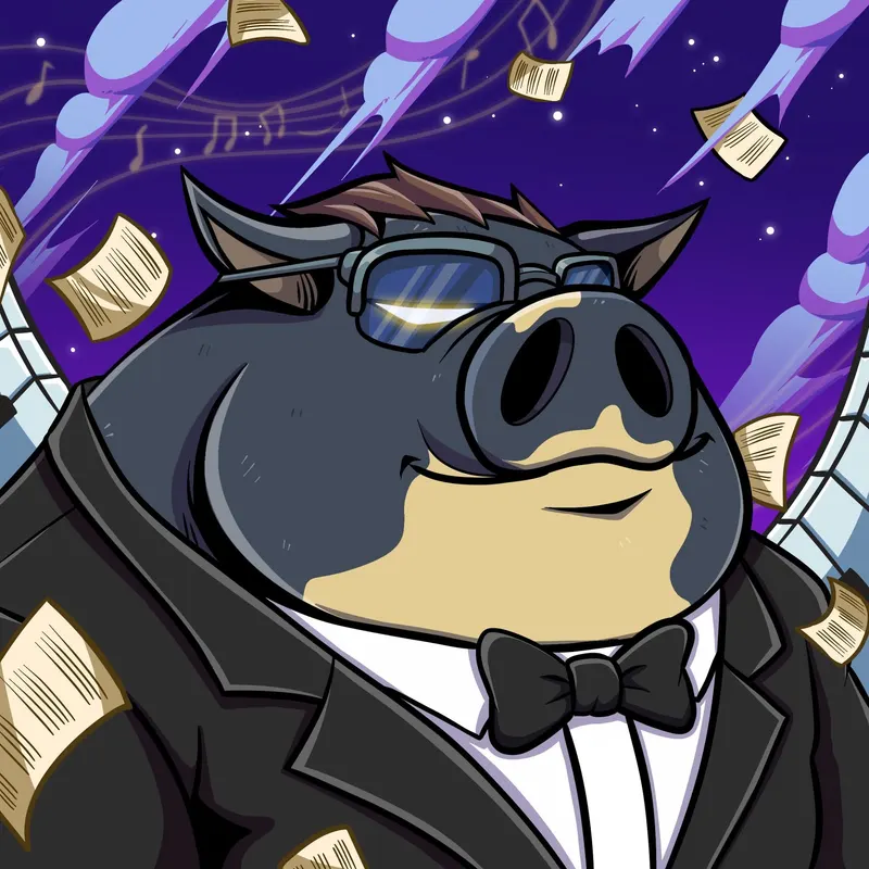 A boar in a tuxedo and bow tie closes his eyes in satisfaction as sheet music and notes swirl through a purple starfield.