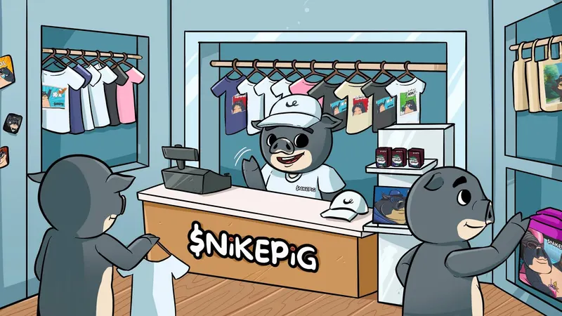 Inside a bright $NIKEPIG store, a capped pig works the counter while two grey pigs browse the clothing racks.