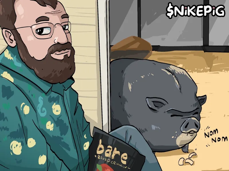 A bearded man in a patterned shirt watches a grey pig chew through a cardboard box, the $NIKEPIG wordmark above them.