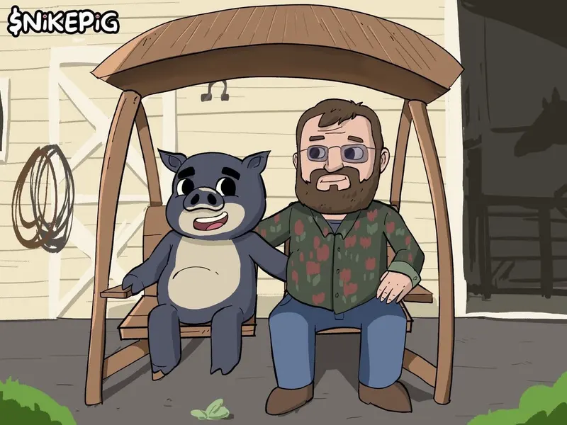 A grey pig and a bearded man sit together on a wooden porch swing under a shingled canopy.