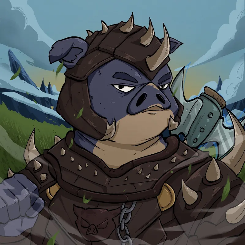 An armoured boar warrior in spiked pauldrons stands before green hills and distant peaks.