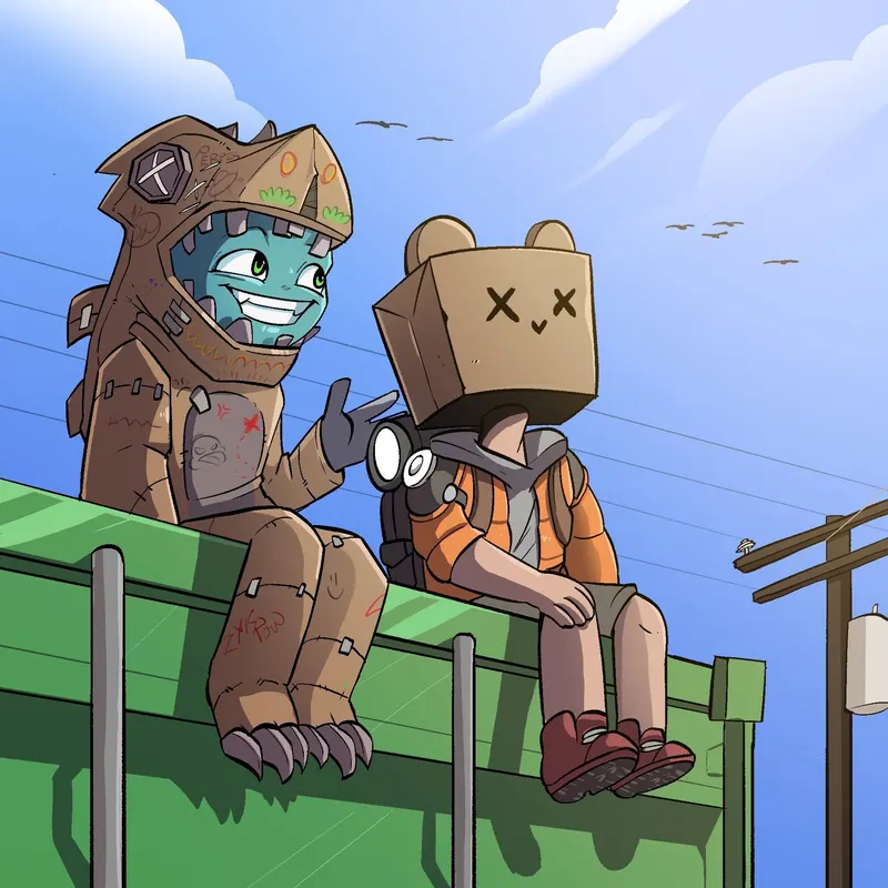 Two scavenger robots — one patched and grinning, one with a cardboard box for a head — sit together on a green rooftop rail.