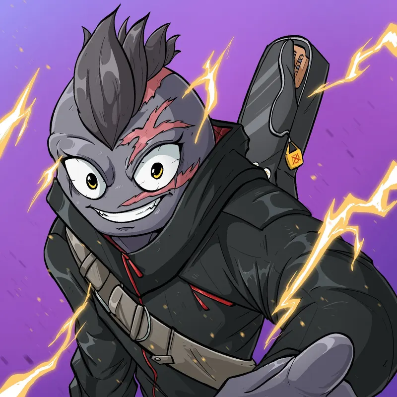 A grey boar in black shinobi gear grins as lightning arcs around him against a violet sky.