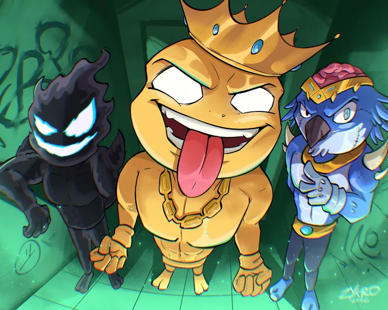 Three characters pose against a graffitied wall: a black shadow figure with glowing eyes, a crowned golden creature with its tongue out, and a blue armoured bird.