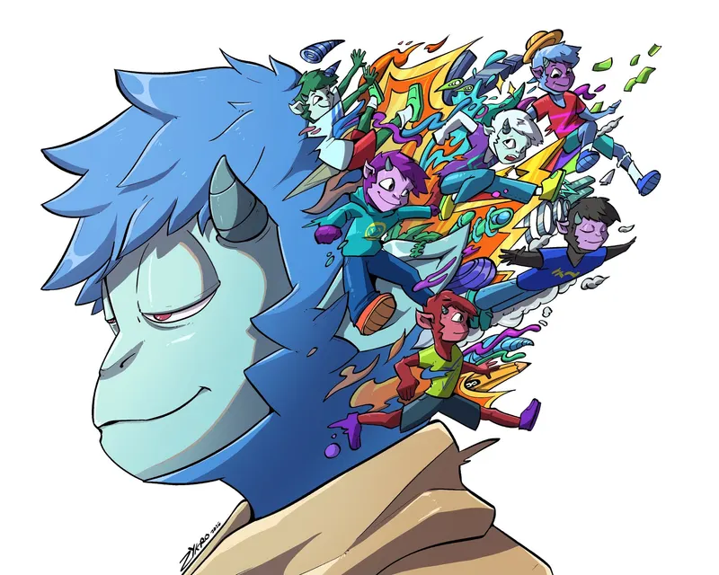 A blue-skinned figure in profile, the back of his head opening into a burst of tumbling, brightly dressed characters.