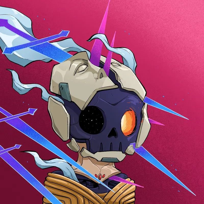 A cracked ceremonial skull with a burning orange eye is pierced by three blue blades against a deep pink field.