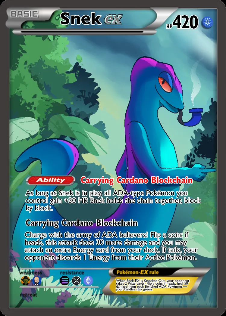 A collectible trading card laid out around a blue and purple serpent smoking a pipe in a jungle clearing, with ability text and energy symbols.